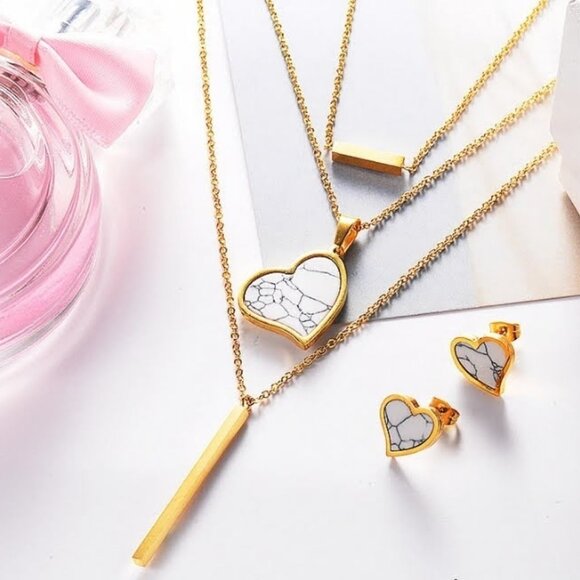 Triple Necklace and Heart Pendant Set | Stainless Steel | Gold Color - Picture 2 of 4